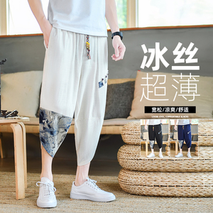 夏季亚麻拼接七分裤男风7分抽绳宽松休闲裤子A266-1-K51-P35