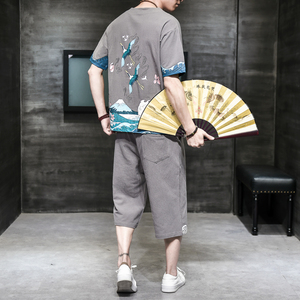 汉服风青年套装男大码宽松印花盘扣两件套A266-1-TZ1986-P90图片