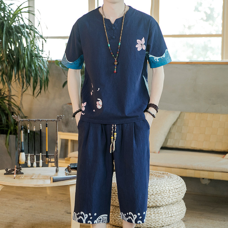 夏季风青年套装男印花宽松小V口盘扣两件套A266-1-TZ1986-P90,男装休闲套装,电商A266-1