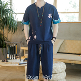 夏季风青年套装男印花宽松小V口盘扣两件套A266-1-TZ1986-P90，男装休闲套装，电商A266-1