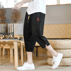 刺绣风七分裤男抽绳青年波点棉麻中裤休闲裤A266-1-K84-P50
