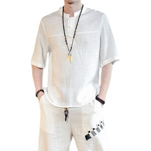 风亚麻T恤男男装夏季休闲大码宽松棉麻盘扣A266-1-T189-P40图片
