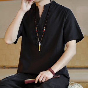 棉麻风男装T恤男圆领宽松V领盘扣夏季青年A266-1-T162-P35图片