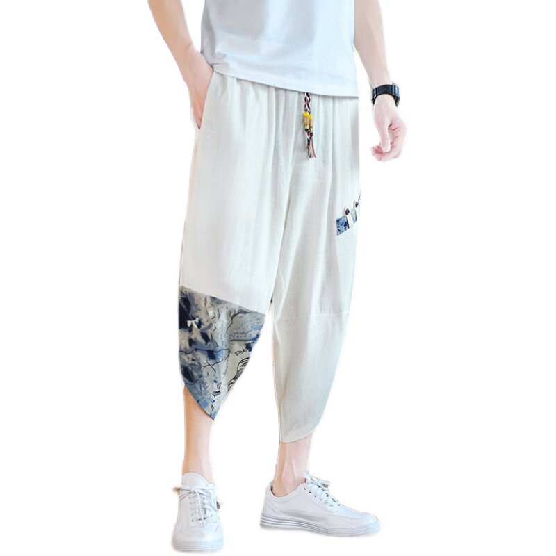 夏季亚麻拼接七分裤男抽绳宽松风7分休闲裤子A266-1-K51-P35,男装牛仔裤,电商A266-1