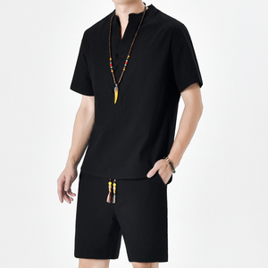 夏季风青年套装男大码棉麻小V口盘扣两件套A266-1-TZ6288-P60图片