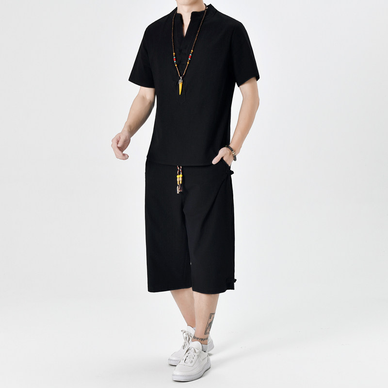 夏季风青年套装男大码宽松小V口盘扣两件套A266-1-TZ6287-P65，男装休闲套装，电商A266-1