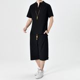 夏季风青年套装男大码宽松小V口盘扣两件套A266-1-TZ6287-P65，男装休闲套装，电商A266-1