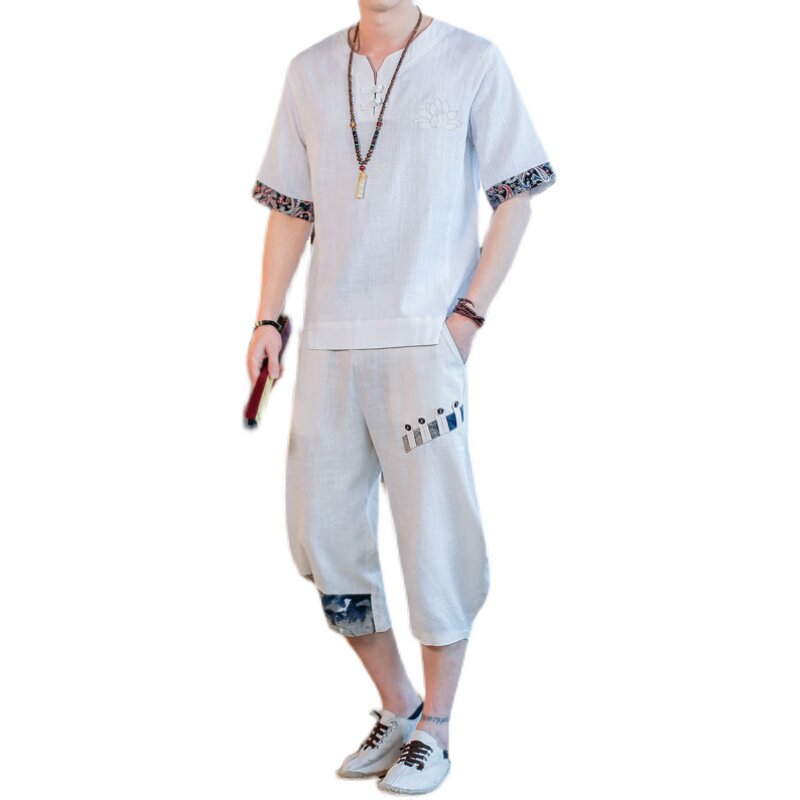 刺绣盘扣风男亚麻套装复古夏季新款两件套A266-1-TZ4087-P75,男装休闲套装,电商A266-1