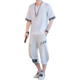 刺绣盘扣风男亚麻套装复古夏季新款两件套A266-1-TZ4087-P75，男装休闲套装，电商A266-1