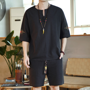 夏季刺绣套装男风青年宽松小V口盘扣两件套A266-1-TZ6988-P60图片