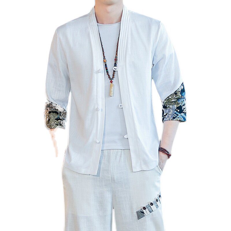 亚麻T恤男夏季大码宽松棉麻开衫拼接上衣风A266-1-T159-P40,男装T恤,电商A266-1