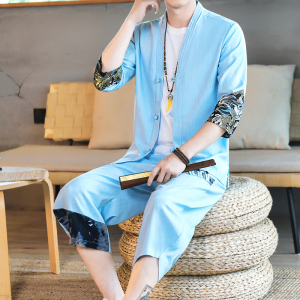 夏季风青年套装男大码亚麻开衫立领两件套A266-1-TZ4059-P75图片
