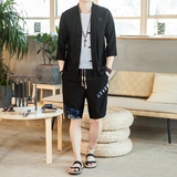 夏季风一套亚麻两件套短裤盘扣复古男装A266-1-TZ4958-P75，男装牛仔裤，电商A266-1