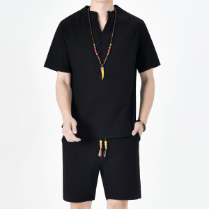夏季风青年套装男大码棉麻小V口盘扣两件套A266-1-TZ6288-P60图片