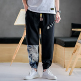 束脚休闲裤男风拼接亚麻抽绳小脚长裤复古韩版A266-1-K41-P50，男装休闲裤，电商A266-1