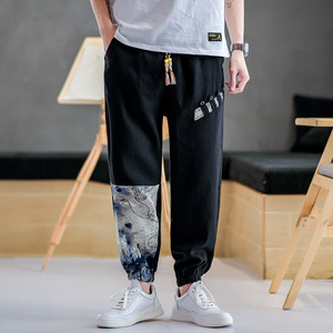 束脚休闲裤男风拼接亚麻抽绳小脚长裤复古韩版A266-1-K41-P50图片