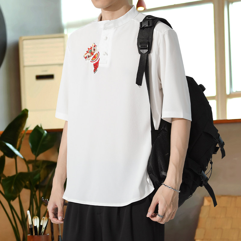 刺绣狮子风男装T恤男圆领宽松盘扣夏季青年A266-1-T160-P55,男装T恤,电商A266-1