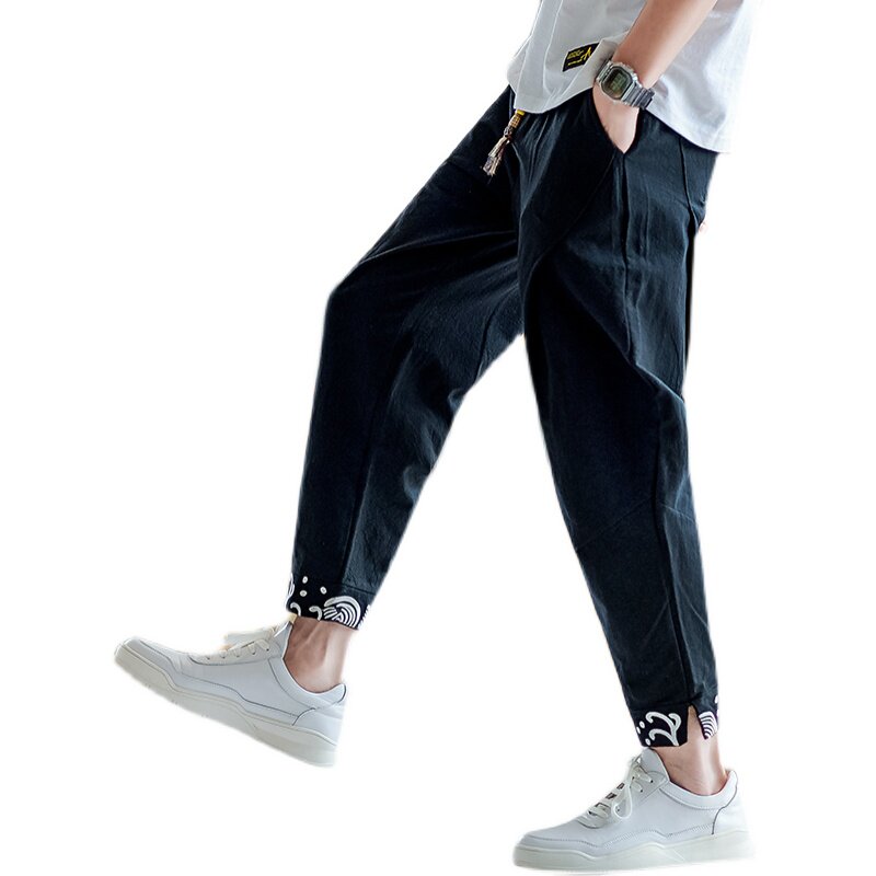 束脚刺绣风休闲裤男大码小脚裤抽绳长裤青年A266-1-K60-P50,男装休闲裤,电商A266-1
