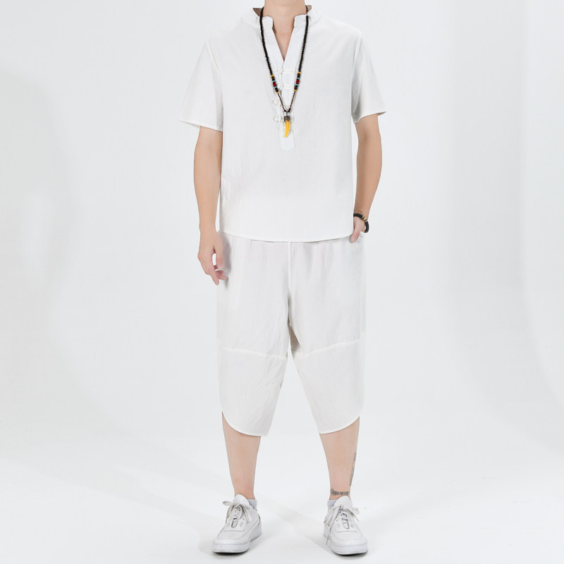 夏季风青年套装男大码宽松小V口盘扣两件套A266-1-TZ6289-P70,男装休闲套装,电商A266-1