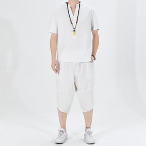 夏季风青年套装男大码宽松小V口盘扣两件套A266-1-TZ6289-P70图片