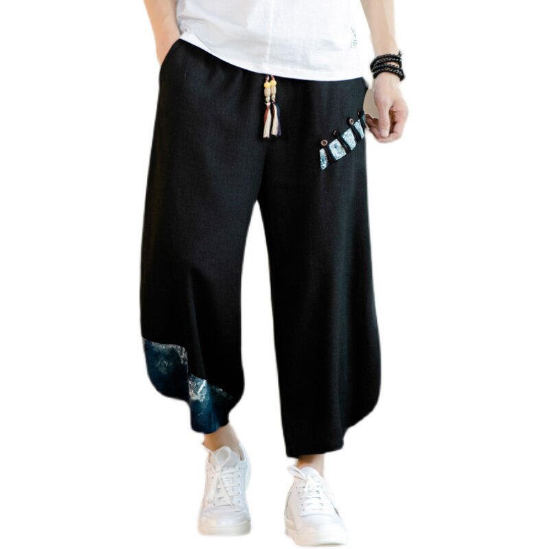 风亚麻休闲裤男拼接棉麻七分裤夏季宽松大码A266-1-K40-P35,男装牛仔裤,电商A266-1