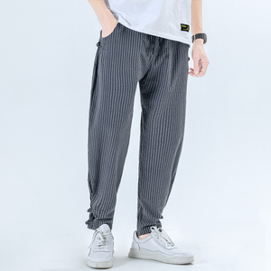 条纹风休闲裤男宽松盘扣哈伦青年小脚棉麻长裤A266-1-K58-P50图片