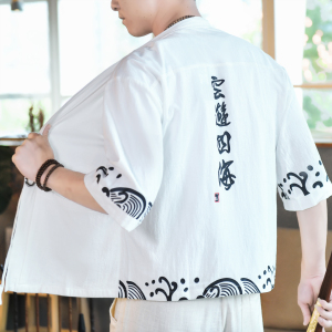 夏季夹克风宽松开衫男棉麻外套2026新款印花A266-1-F58-P40图片