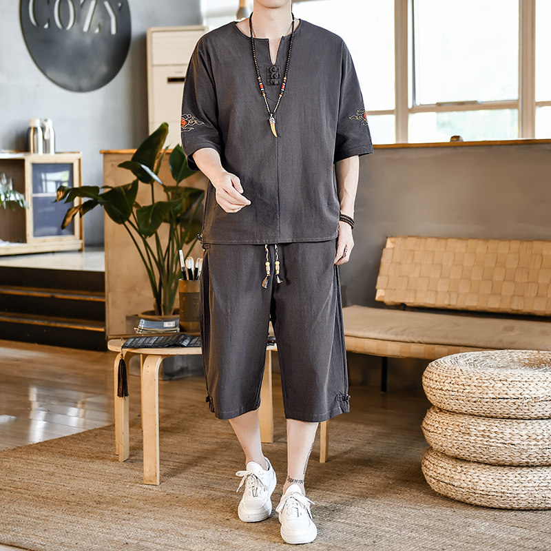 夏季风青年套装男刺绣宽松小V口盘扣两件套A266-1-TZ6987-P65，男装休闲套装，电商A266-1