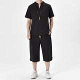 夏季风青年套装男大码宽松小V口盘扣两件套A266-1-TZ6287-P65，男装休闲套装，电商A266-1