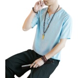 圆领亚麻T恤男夏季大码宽松棉麻纯色上衣风A266-1-T156-P40，男装T恤，电商A266-1