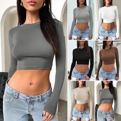 Long Sleeve T-shirt Solid Color Slim Fit Pullover Bottom Top