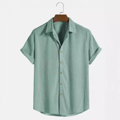 Short sleeved oversized solid color pattern shirt, men's blu