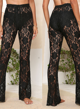 wannathis heels舞服黑色蕾丝性感舞蹈喇叭裤女网纱辣妹透明长裤