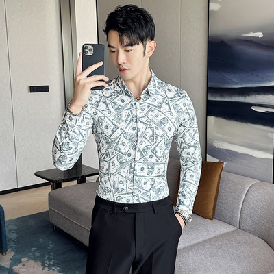 网红复古男装t恤个性花修身卫衣