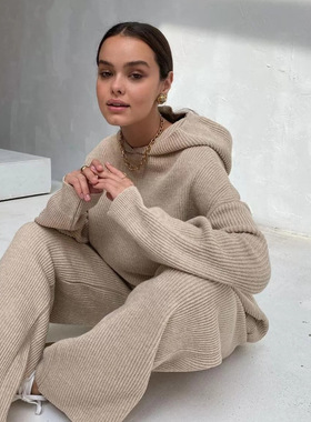 Long-sleeved high-neck cardigan hoodie striped pantsuit 套装