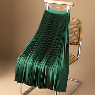 mid glossy length pleated 纯色光面百褶裙女 Solid skirt color