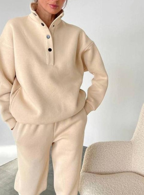Long-sleeved high-neck cardigan hoodie striped pantsuit 套装