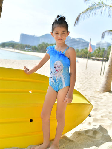 迪士尼 儿童泳衣 女中大童连体游泳衣速干小孩斜肩满身花艾莎游泳