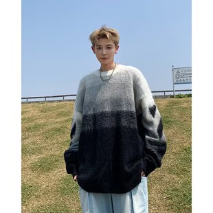 春秋渐变条纹毛衣男圆领套头复古学生美式保暖青少年学院风针织衫