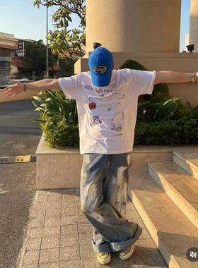 美式新款涂鸦漆点宽松牛仔裤男女款潮牌水洗直筒休闲百搭阔腿裤子