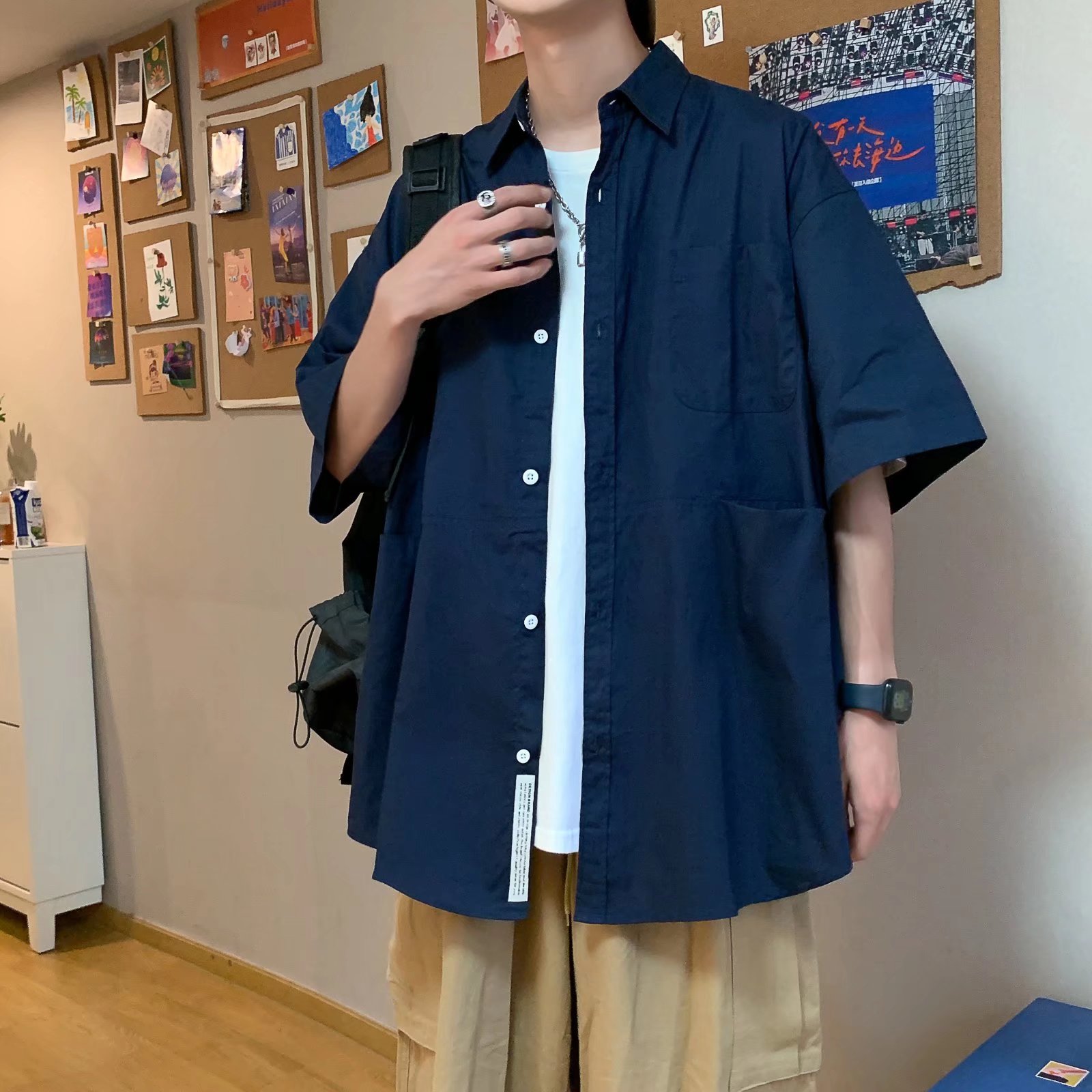 日系复古工装短袖衬衣男秋夏潮牌bf慵懒风纯色外套情侣五分袖衬衫