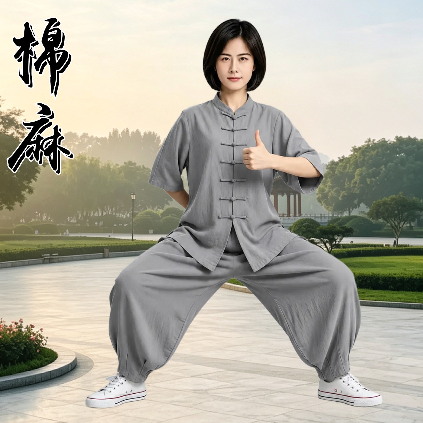 夏季棉麻太极服短袖男女武术练功服太极拳中国风休闲中老年表演服