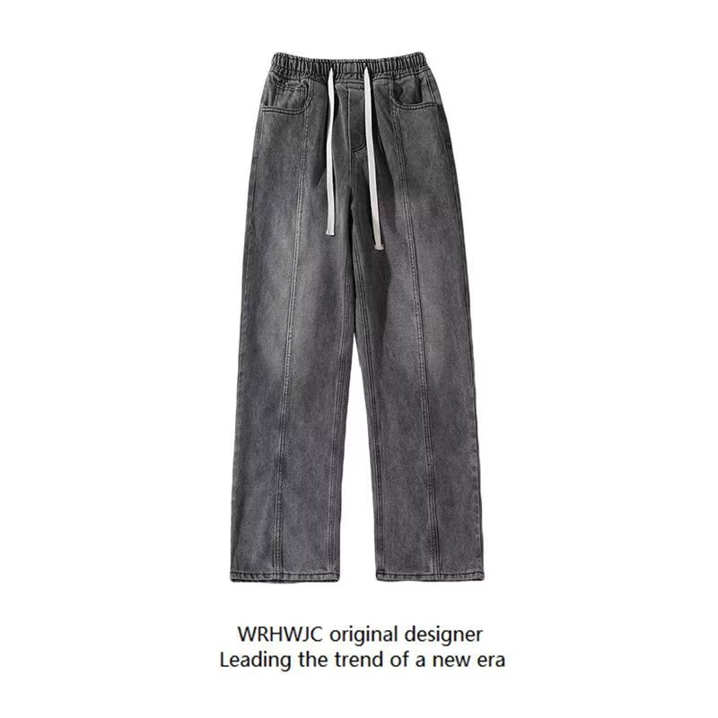 美式街头做旧抽绳松紧腰牛仔裤男女潮牌宽松直筒百搭长裤2023新款