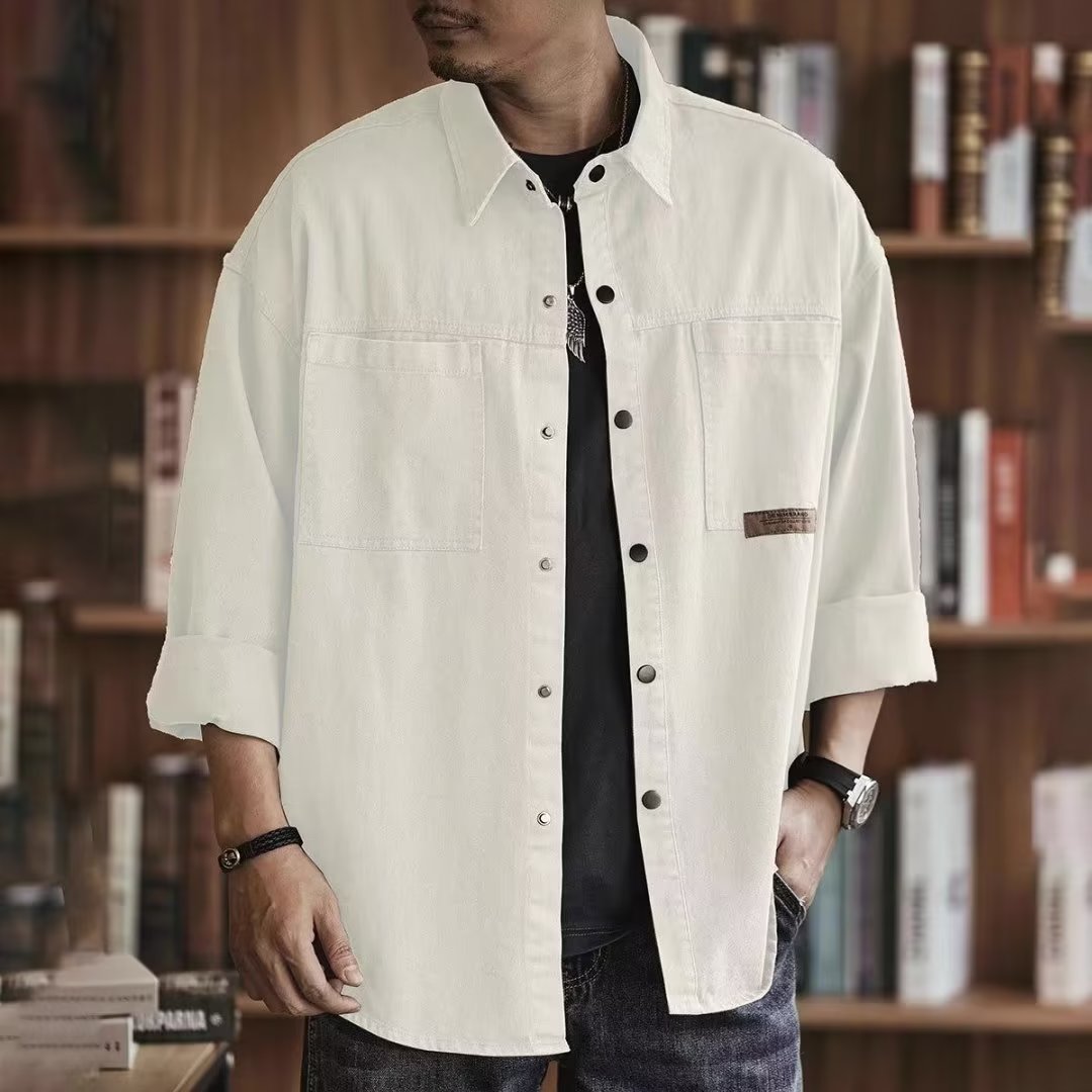 美式重磅米白色工装衬衫男士春夏款宽松休闲上衣潮牌长短袖衬衣男