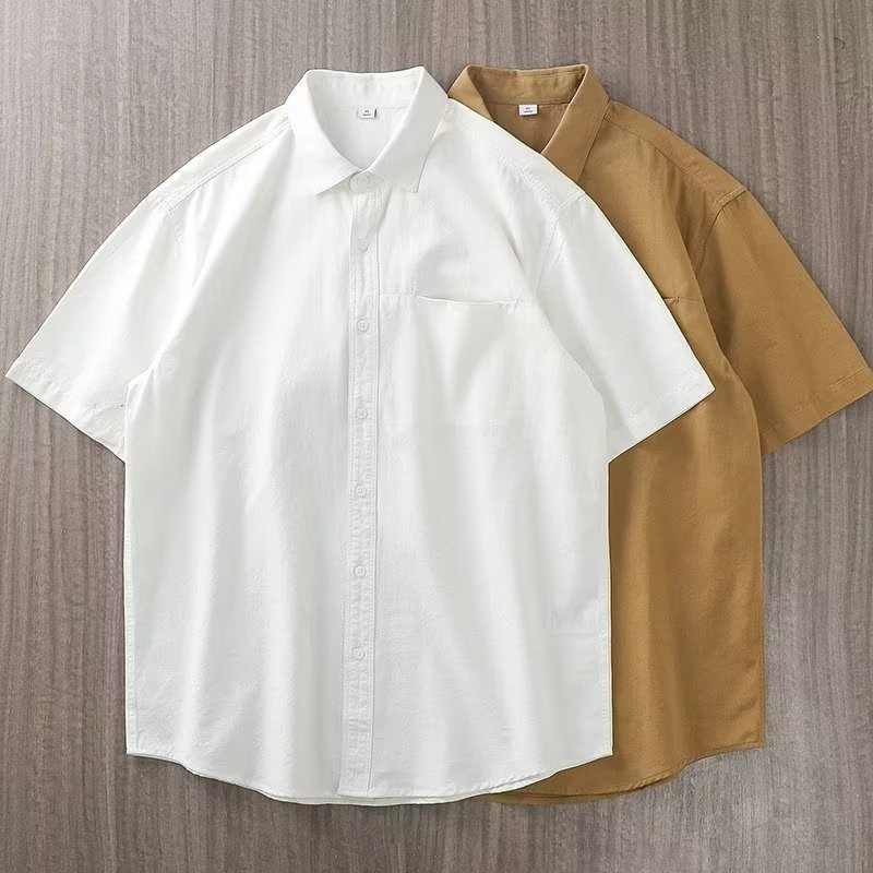 美式重磅纯棉衬衫短袖男夏季潮牌高级感复古寸衫纯色白衬衣2023新