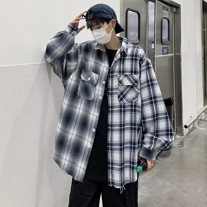 春秋美式街头拼接格子衬衫男长袖毛边刺绣衬衣设计感小众2023新款