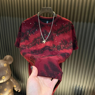 轻奢半袖 亮闪破洞男上衣爆款 圆领潮流 满天星字母男款 新年短袖