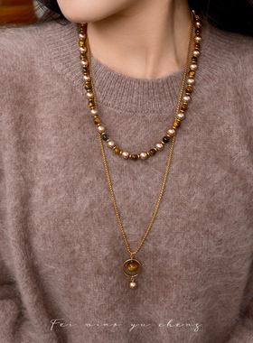 飞鸟屿城「黄昏」原创美拉德施家珍珠虎眼石高级感项链长款毛衣链
