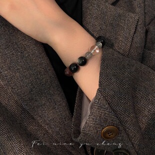 飞鸟屿城 原创设计 天然银曜石白水晶月光石串珠手串转运小众手镯