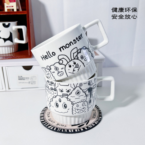 怪兽叠叠乐ins黑白涂鸦早餐牛奶杯下午茶咖啡杯办公室陶瓷水杯子
